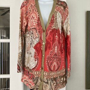 Chico's Rust Tan Cream Gold Metallic Long Cardigan Sweater Size 1 Medium  8
